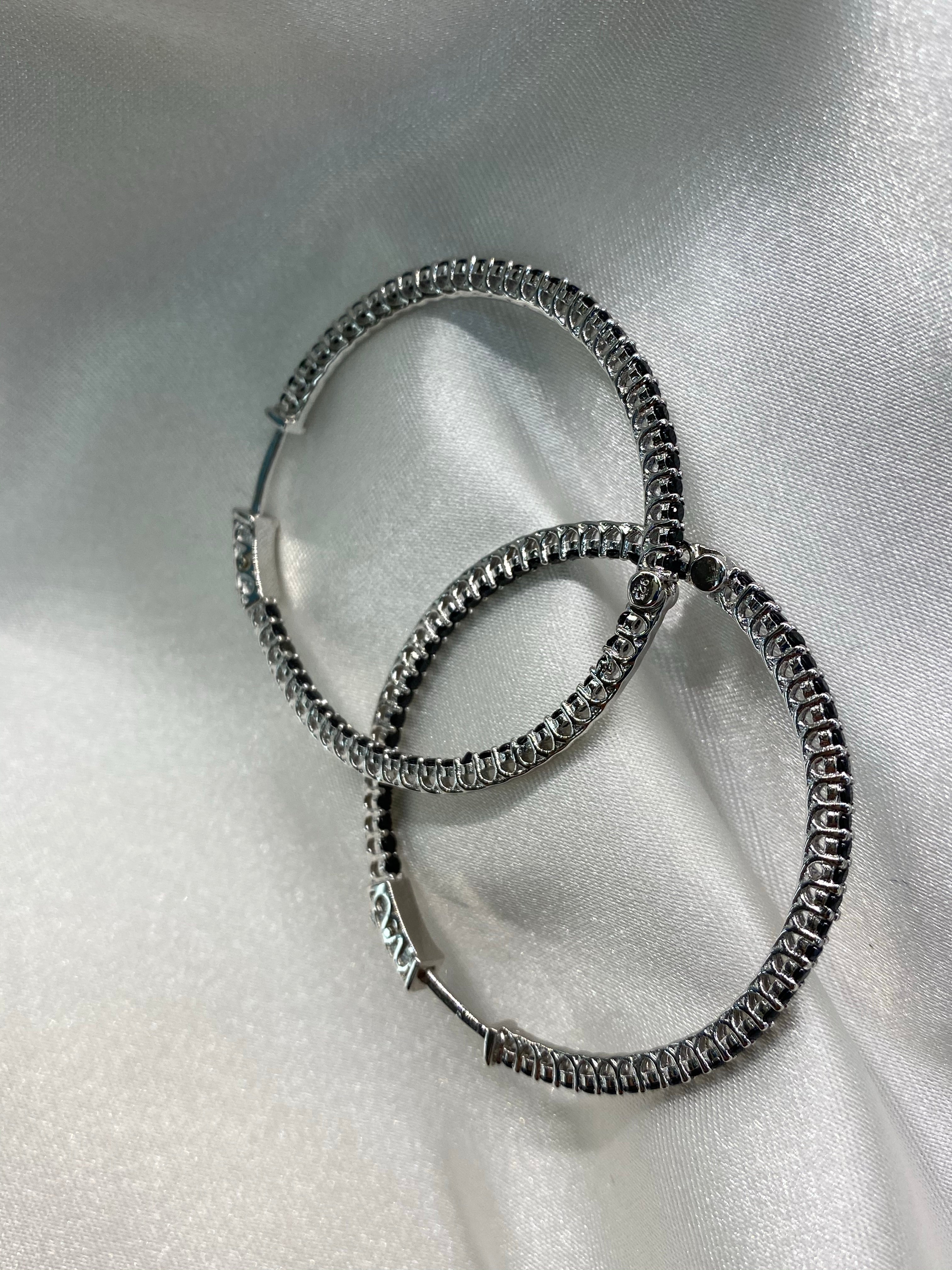 Large Sterling Silver Hoops with Black Crystals