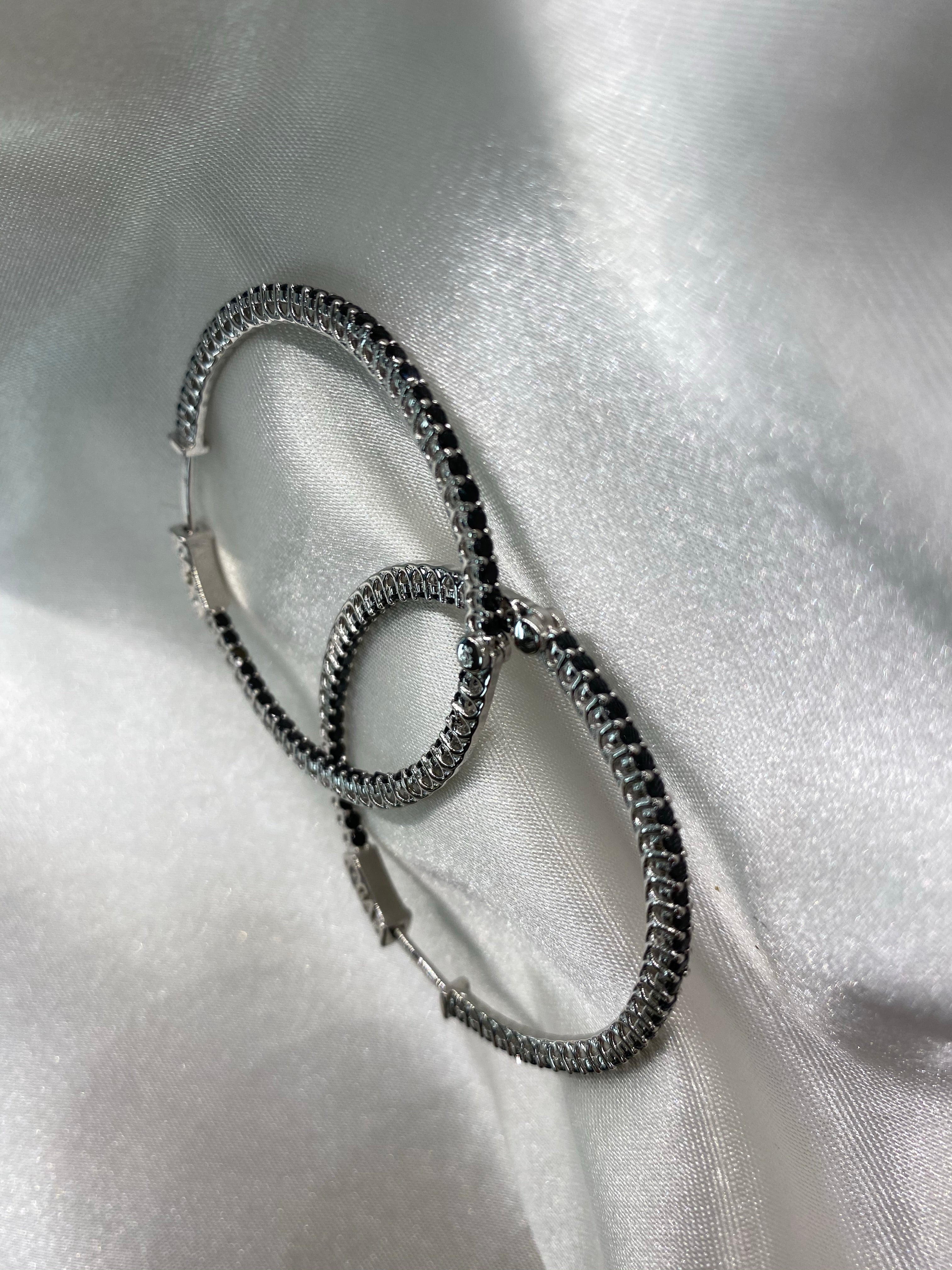 Large Sterling Silver Hoops with Black Crystals